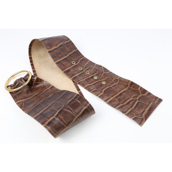 Vintage Croco Print Leather Belt Brown Wide Gold Round Buckle Size S main image 13